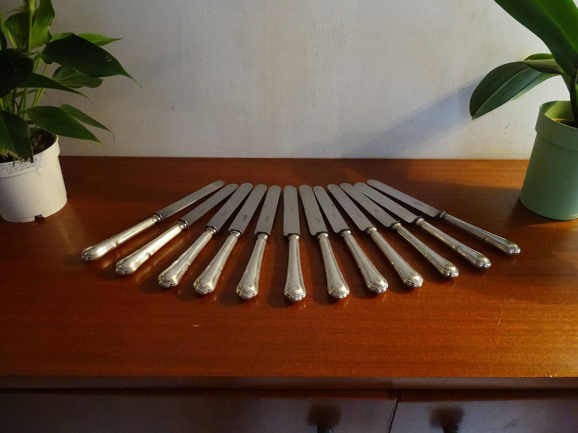12 antique Art Deco knives silver metal and molten steel blades