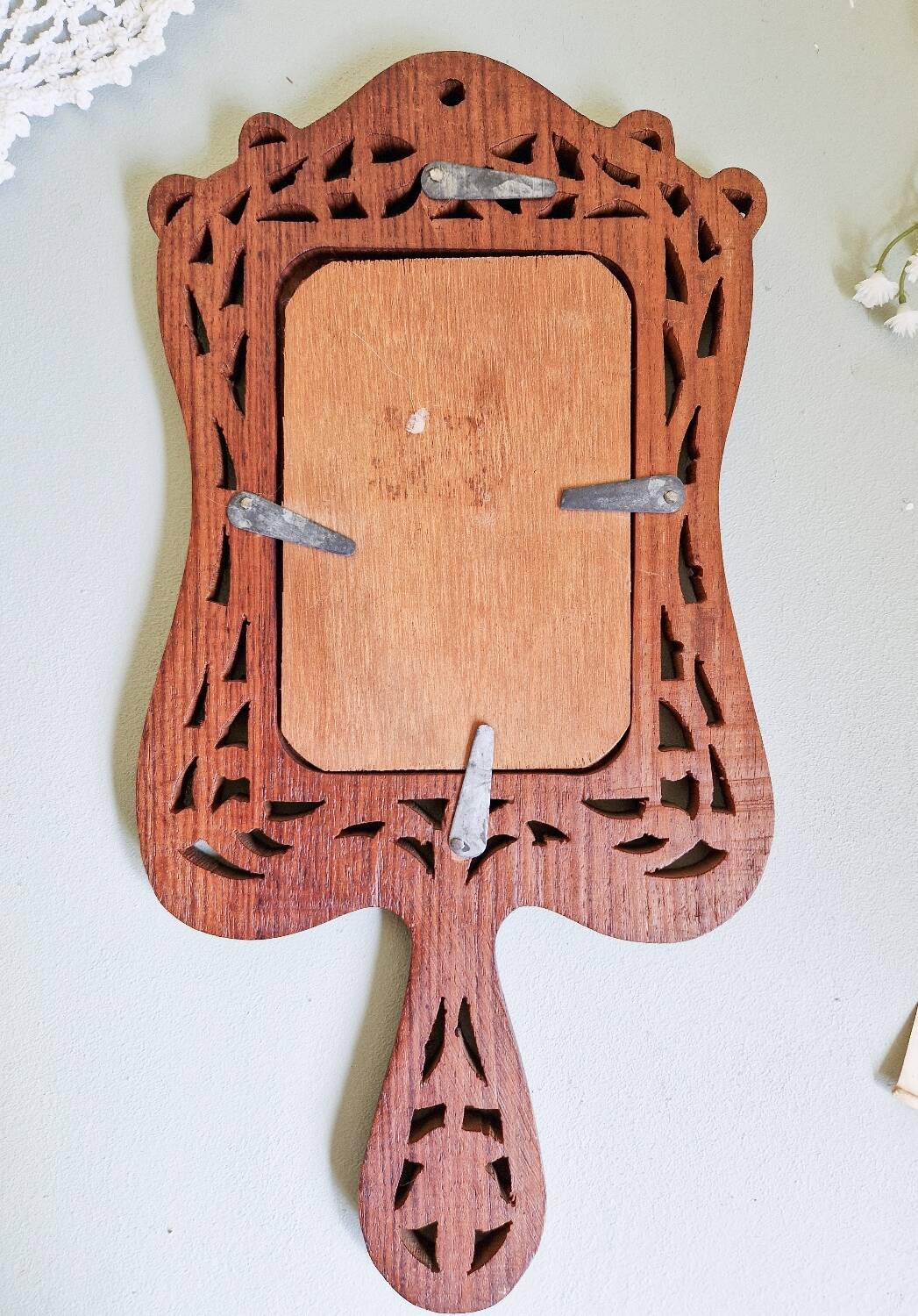 Vintage hand mirror in hand carved wood and bone inlay