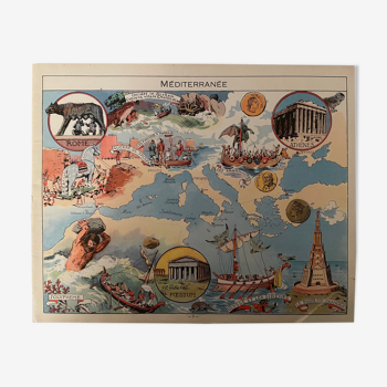 Affiche ancienne carte de la Méditerranée de 1948 - JP Pinchon