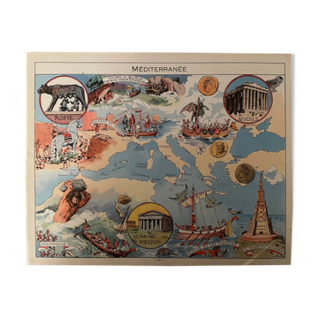 Affiche ancienne carte de la Méditerranée de 1948 - JP Pinchon