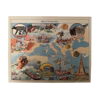 Affiche ancienne carte de la Méditerranée de 1948 - JP Pinchon