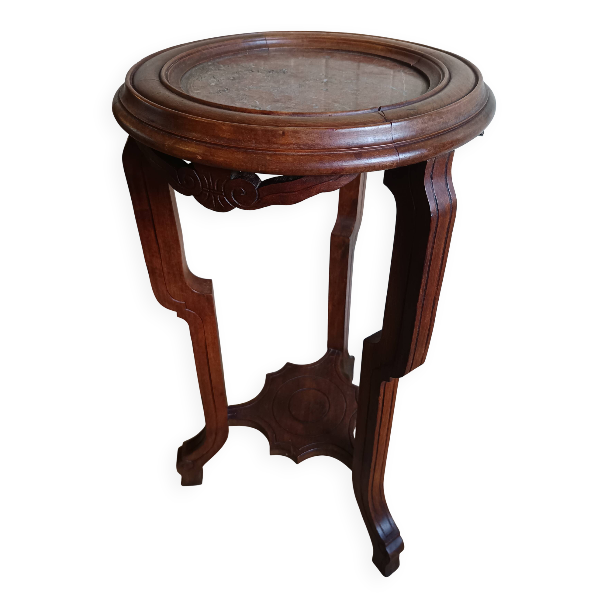 Guéridon ancien en bois massif avec plateau en marbre