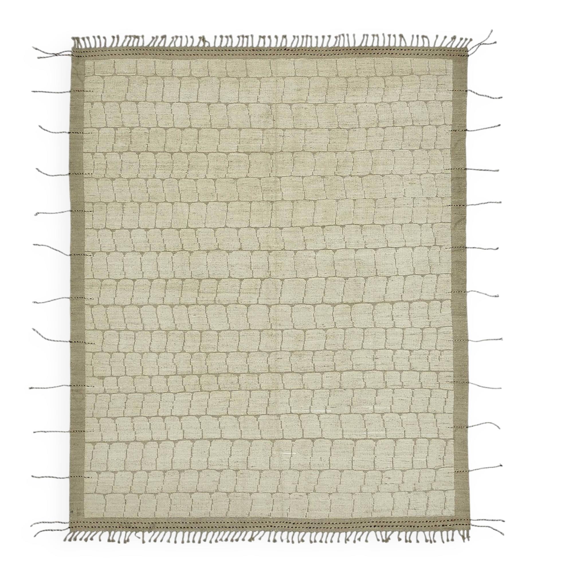 Tapis tribal tissé à la main, pièce unique, 249 cm x 312 cm, en laine beige.