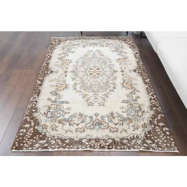 1970s Turkish Oushak Handmade Wool Cotton Beige Area Rug 114x197
