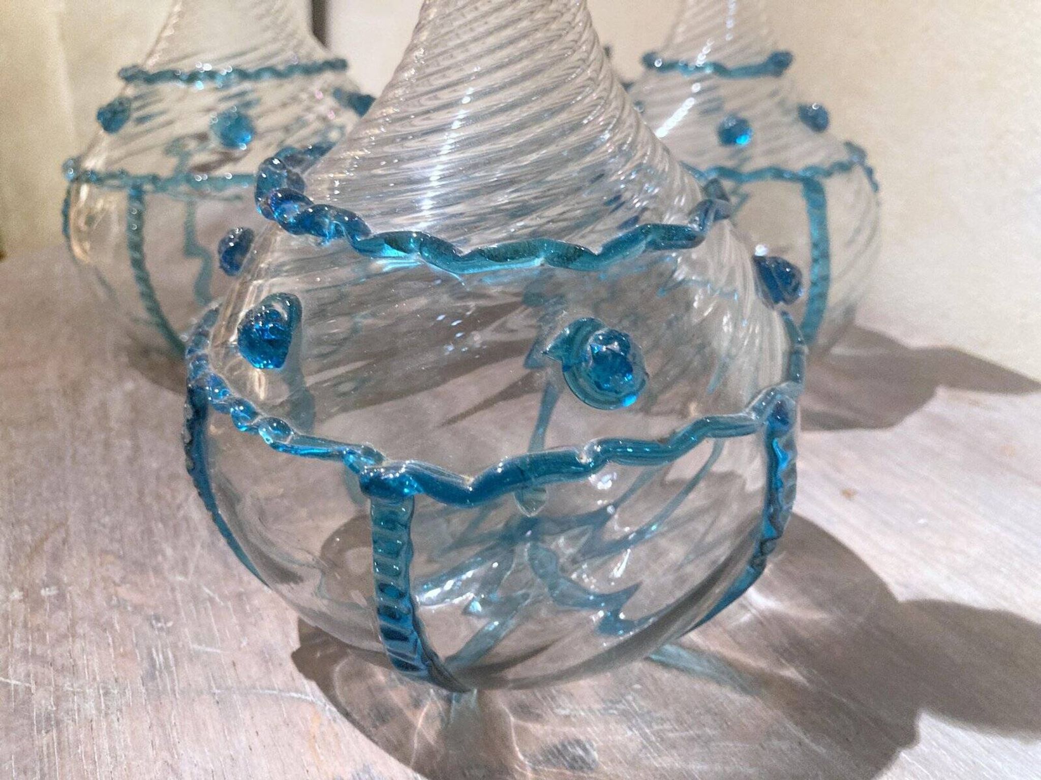 18th Century Italian Murano Clear Glass and Blue Trimmed Blown Glass Bottle