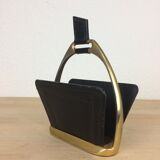 Porte lettres Longchamp en cuir noir et métal doré, années 50