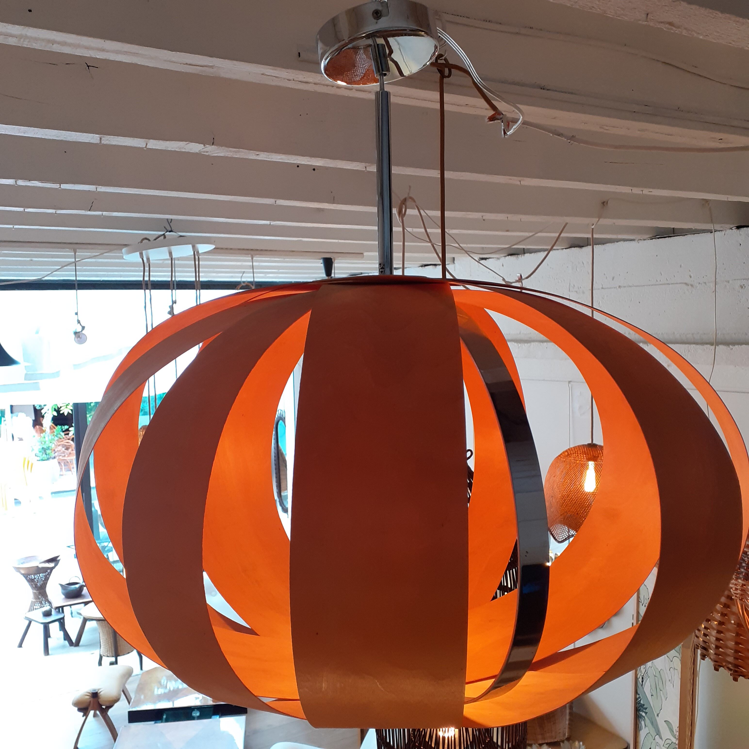 Hanging lamp in wooden strips