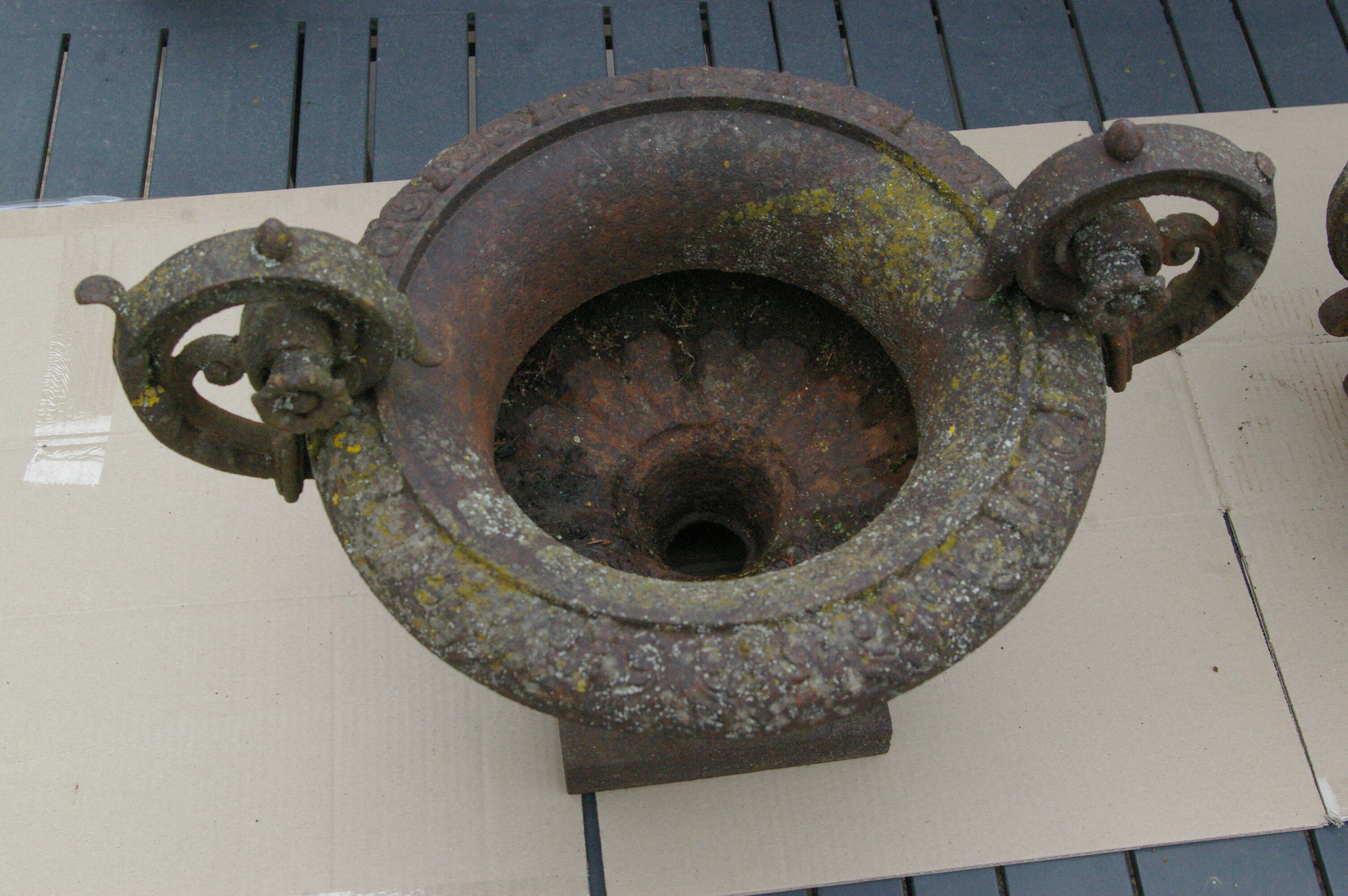 Paire d'anciens vases Médicis de jardin en fonte de fer