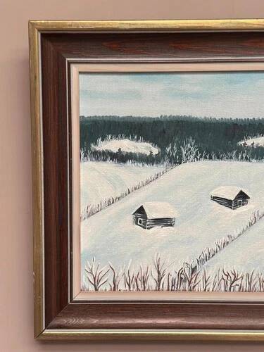 Swedish Oil on Canvas “Houses in the snow” by Nik 79 Vintage & Framed 35x30cm