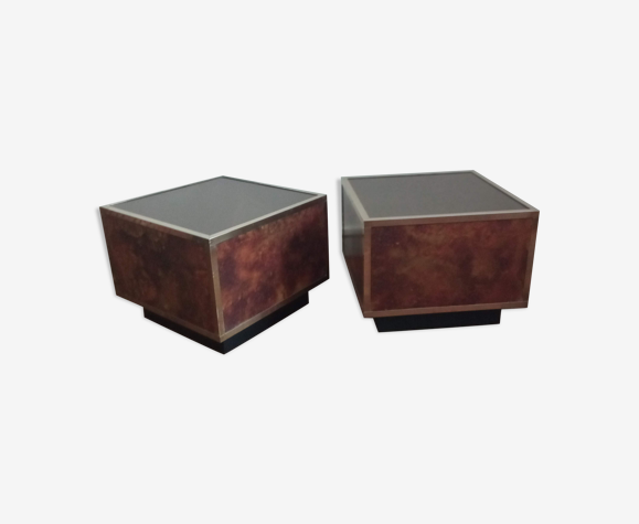 Paire de bout de canapé 1970 laiton, miroir et résine