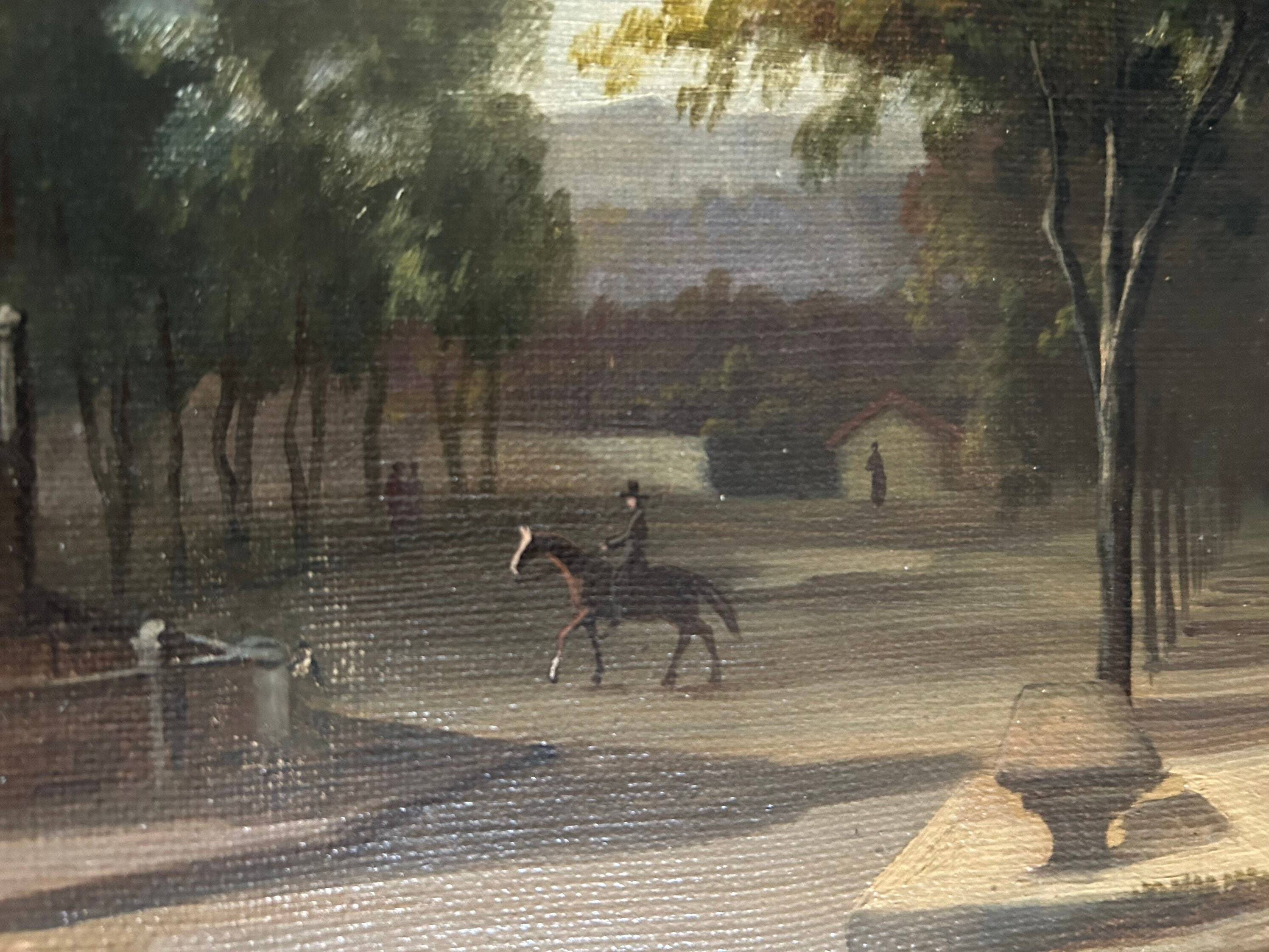 French oil painting from 1880s depicting a park promenade during Victorian era in Paris. Impressioni