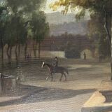 French oil painting from 1880s depicting a park promenade during Victorian era in Paris. Impressioni