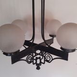 Chandelier 1930 art deco wrought iron and balls glass granite