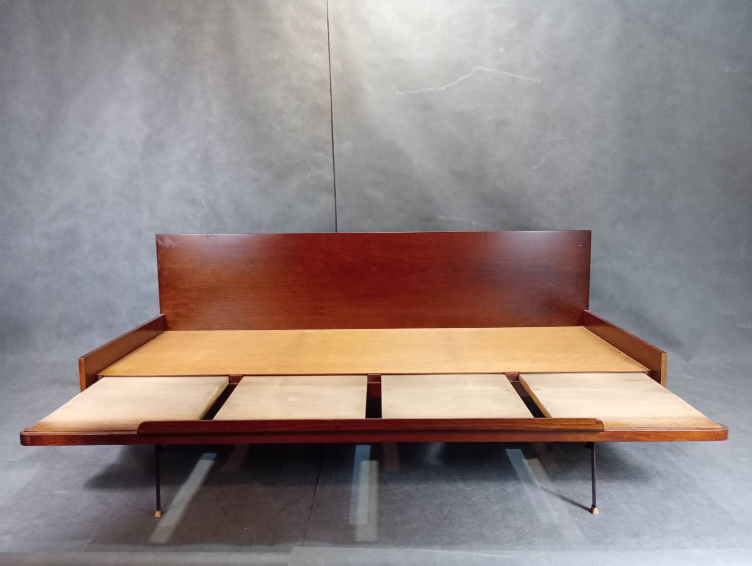 Jitona sobeslav sofa bed in walnut & boucle fabric, vintage czech 1960s
