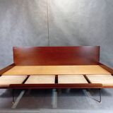 Jitona sobeslav sofa bed in walnut & boucle fabric, vintage czech 1960s