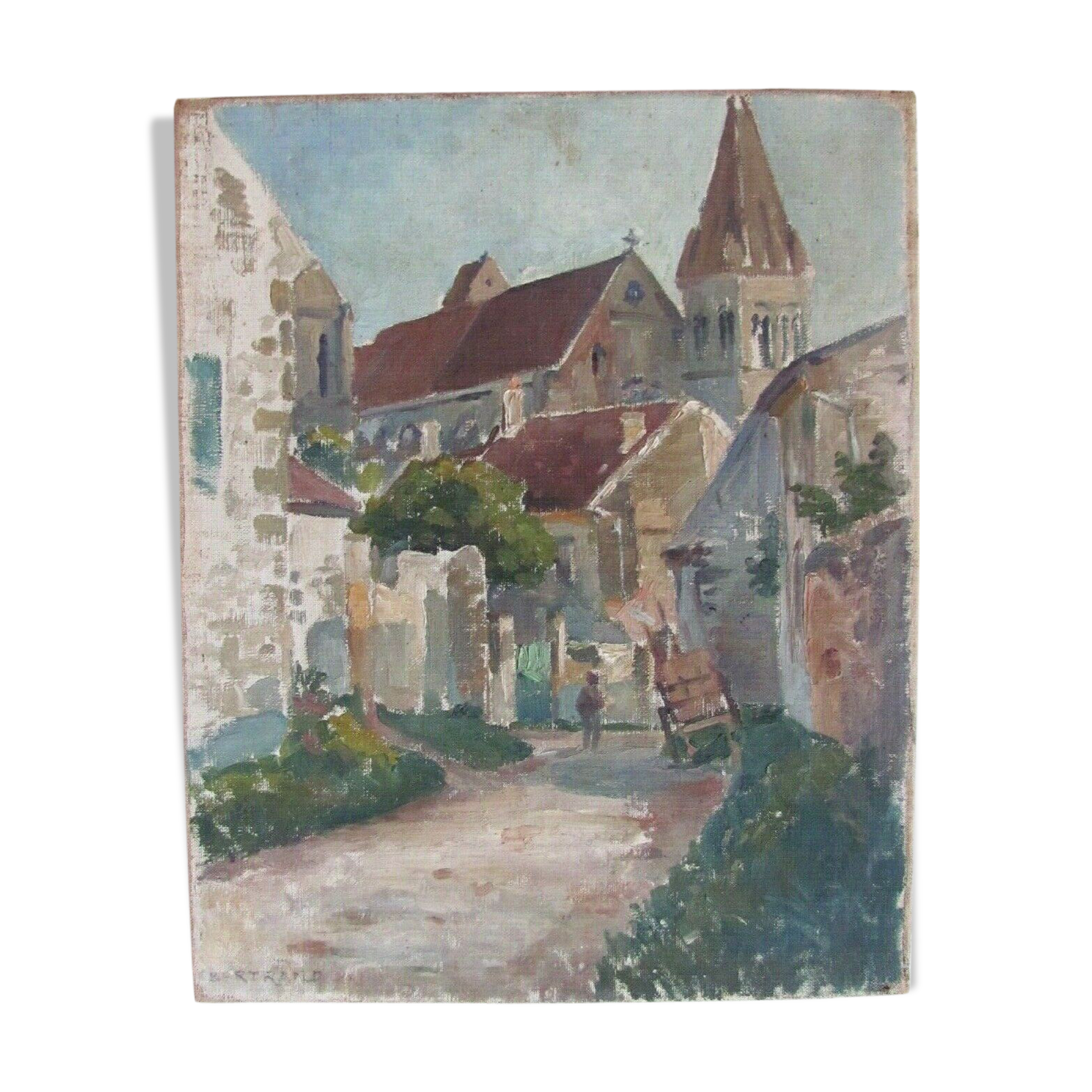 Ancient painting - Lively village street with its bell tower