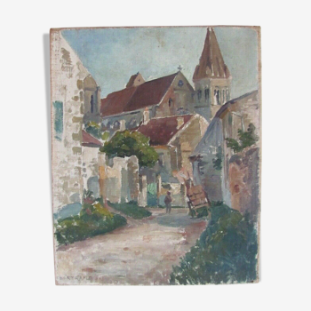 Ancient painting - Lively village street with its bell tower