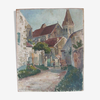 Tableau ancien - Rue de village animée avec son clocher