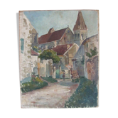 Ancient painting - Lively village street with its bell tower