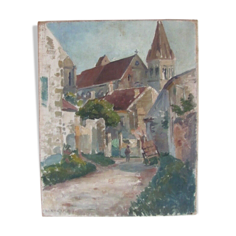 Tableau ancien - Rue de village animée avec son clocher