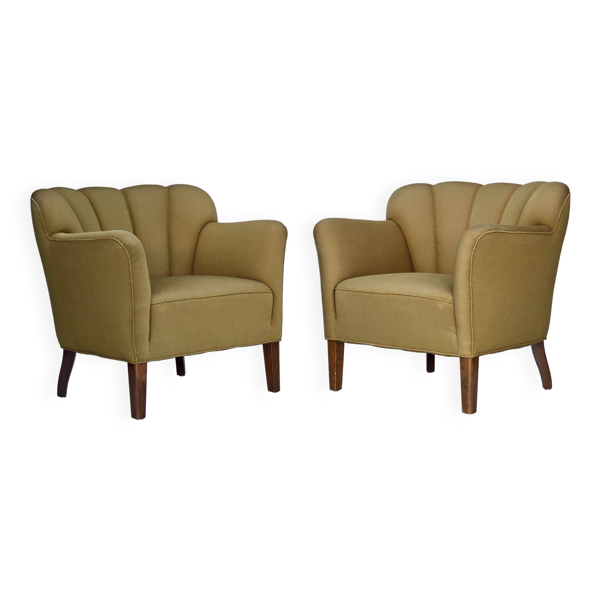1960s, pair of Danish armchairs, green furniture wool, ash wood legs.
