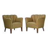 1960s, pair of Danish armchairs, green furniture wool, ash wood legs.