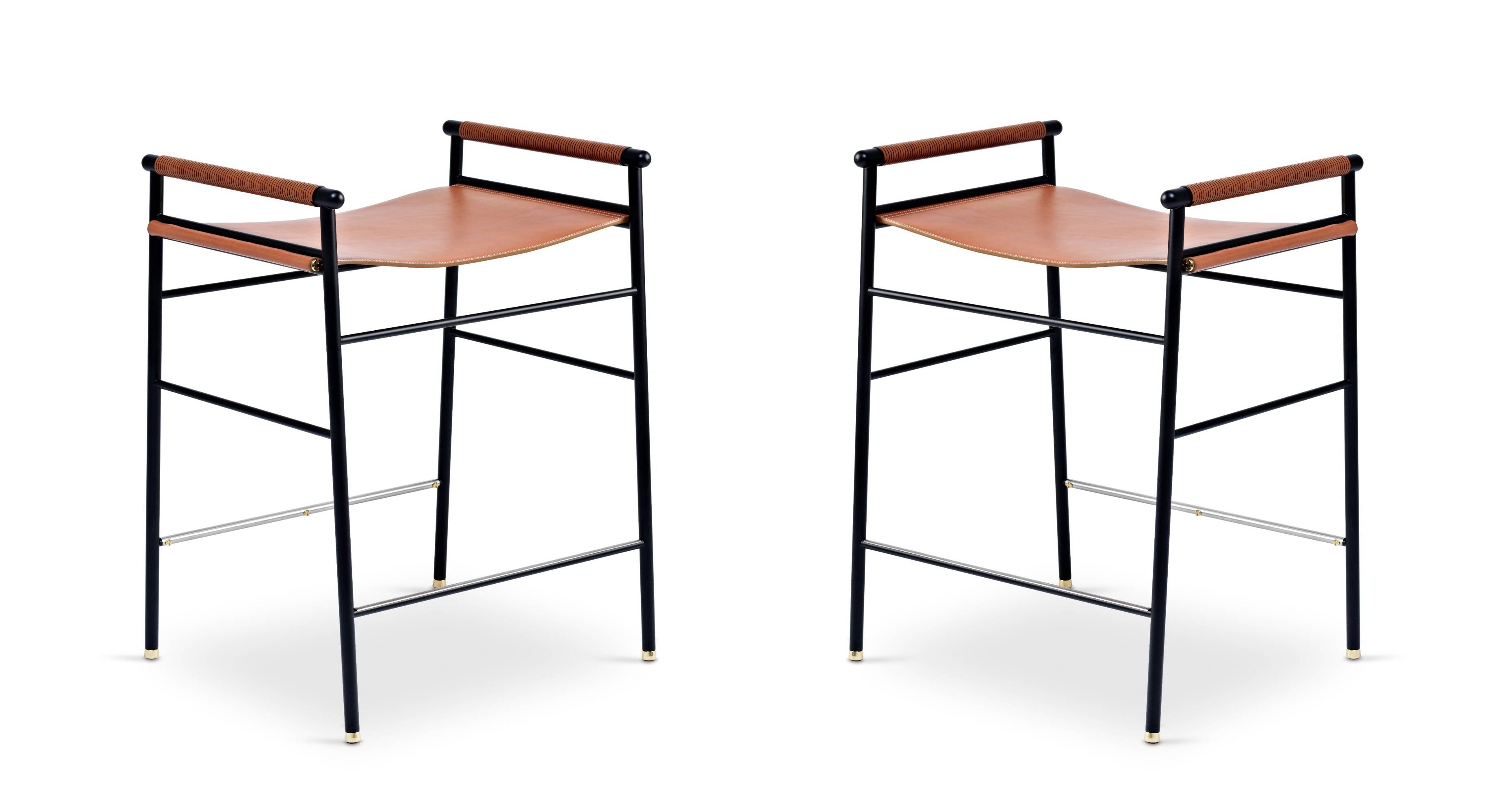 Contemporary bar stool in natural tobacco leather and black metal.
