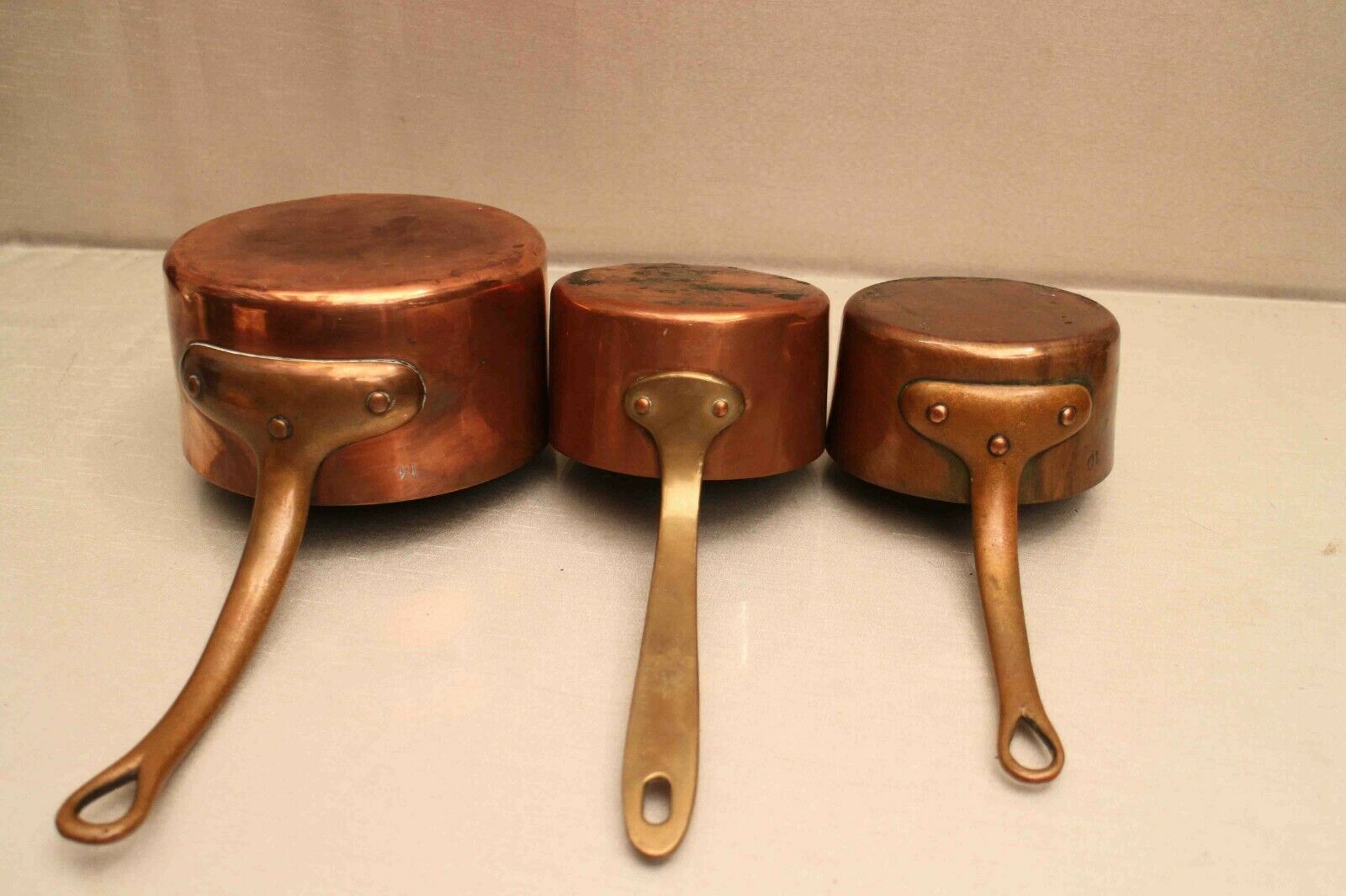 Lot of 3 copper pans No.10 and No.14