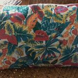 Coussin en lin feuillage tropiques vert jaune orange