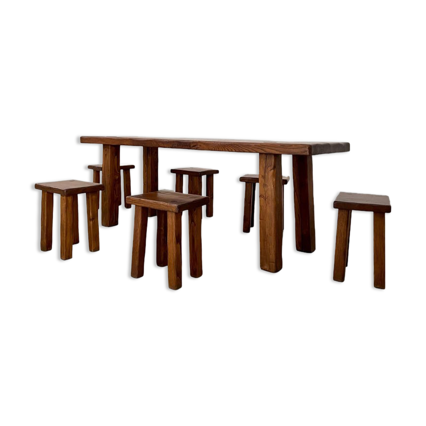 Solid elm dining set including 6 stools France 1970s