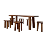 Solid elm dining set including 6 stools France 1970s