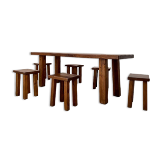 Solid elm dining set including 6 stools France 1970s