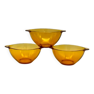 3 large emerald green tempered glass ear bowls VERECO France 1970