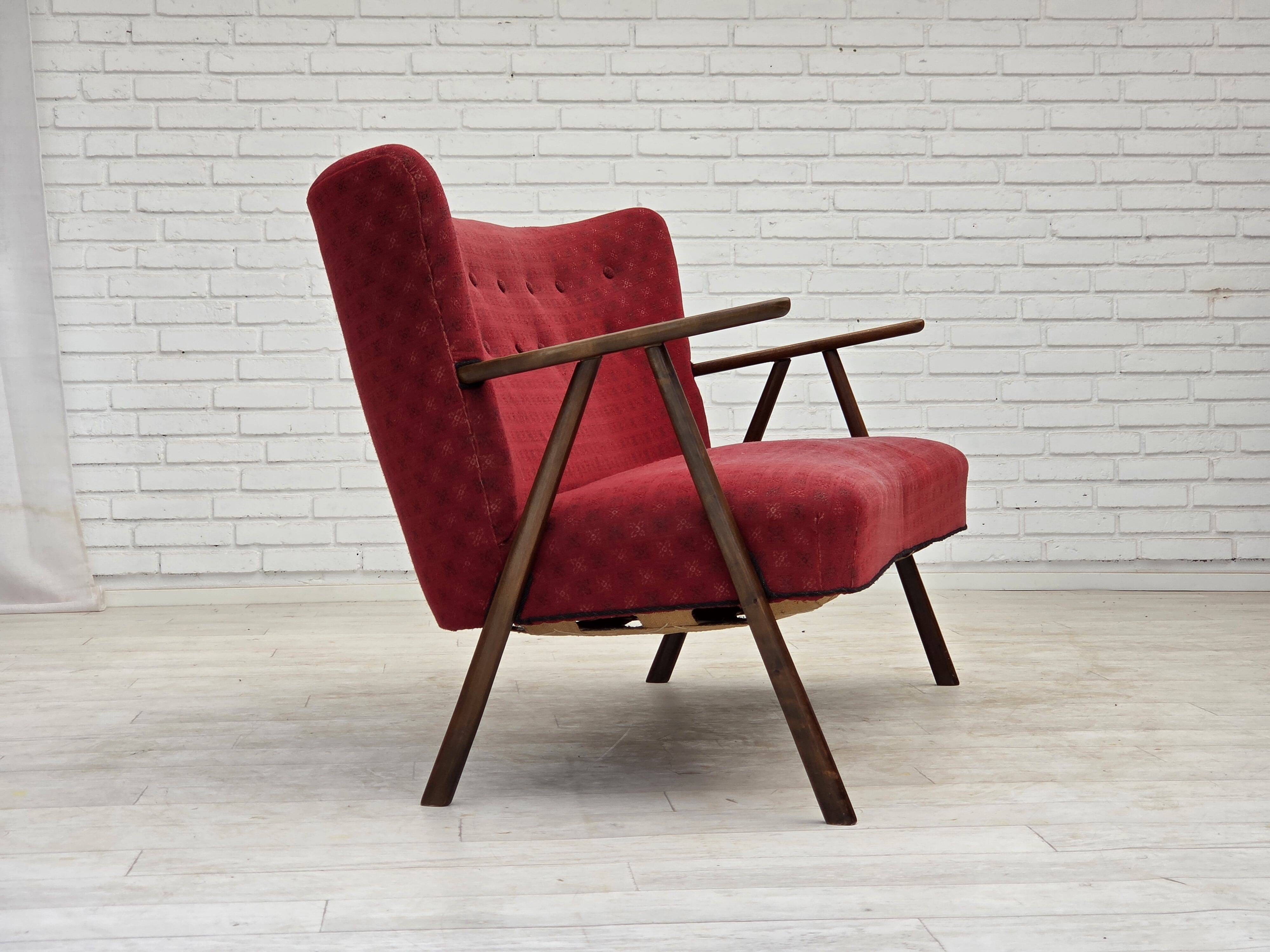 1960s, Danish 2-seater sofa, red furniture fabric, beech wood.