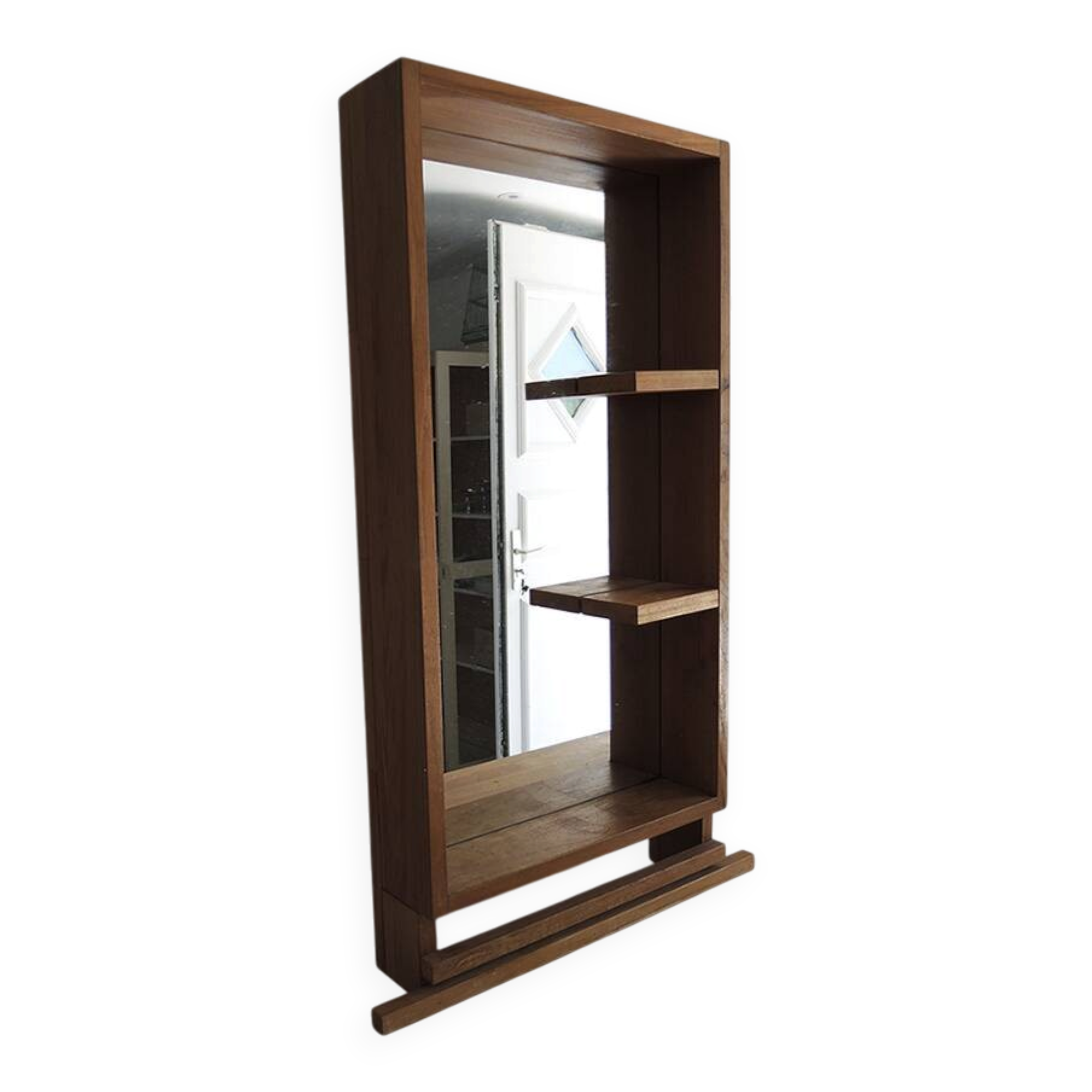 Ancien grand miroir de salle de bains en bois massif