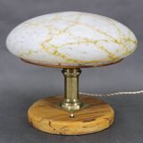 1940s Restored Brass Table Lamp with Wooden Base and Glass Shade