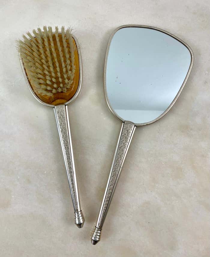 Toiletry set - metal and silk brush and hand mirror England from the 50s