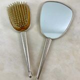 Toiletry set - metal and silk brush and hand mirror England from the 50s