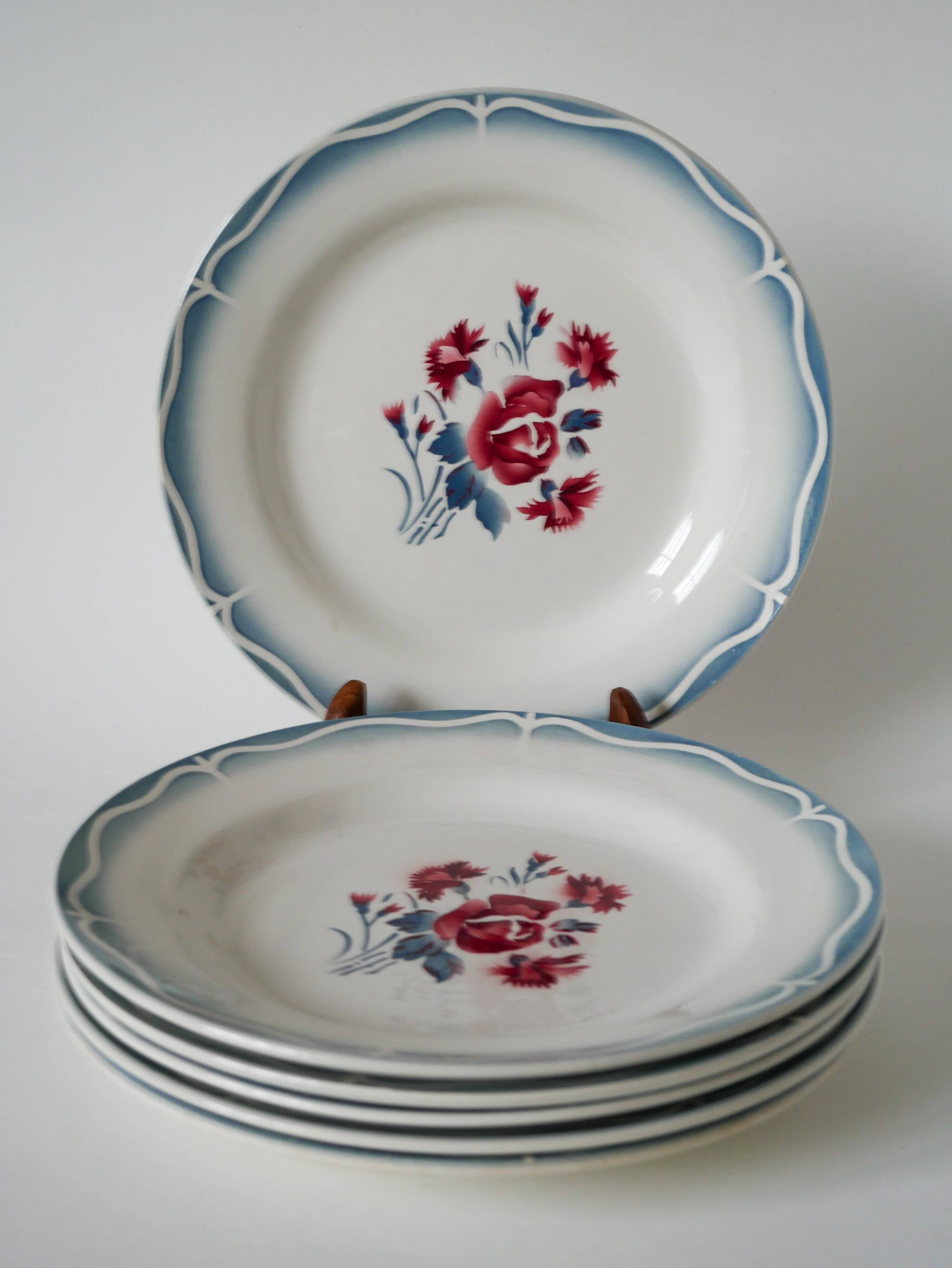 Set of 6 Digoin Sarreguemines flat plates model Nina Rosa 1950
