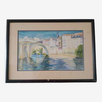 Aquarelle les bords du lot Villeneuve sur Lot 1994 signé Pag