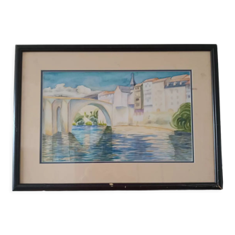 Aquarelle les bords du lot Villeneuve sur Lot 1994 signé Pag