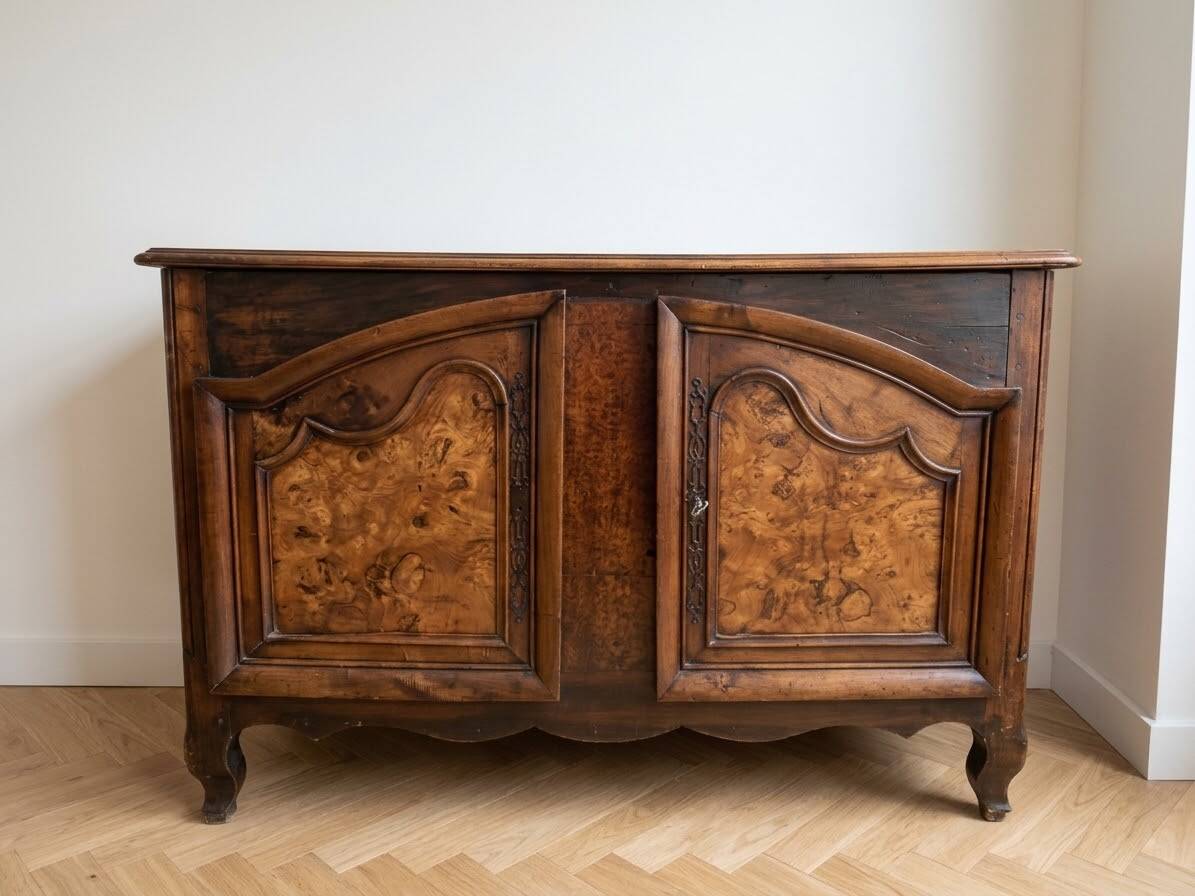 Antique storage furniture in walnut and walnut burl.