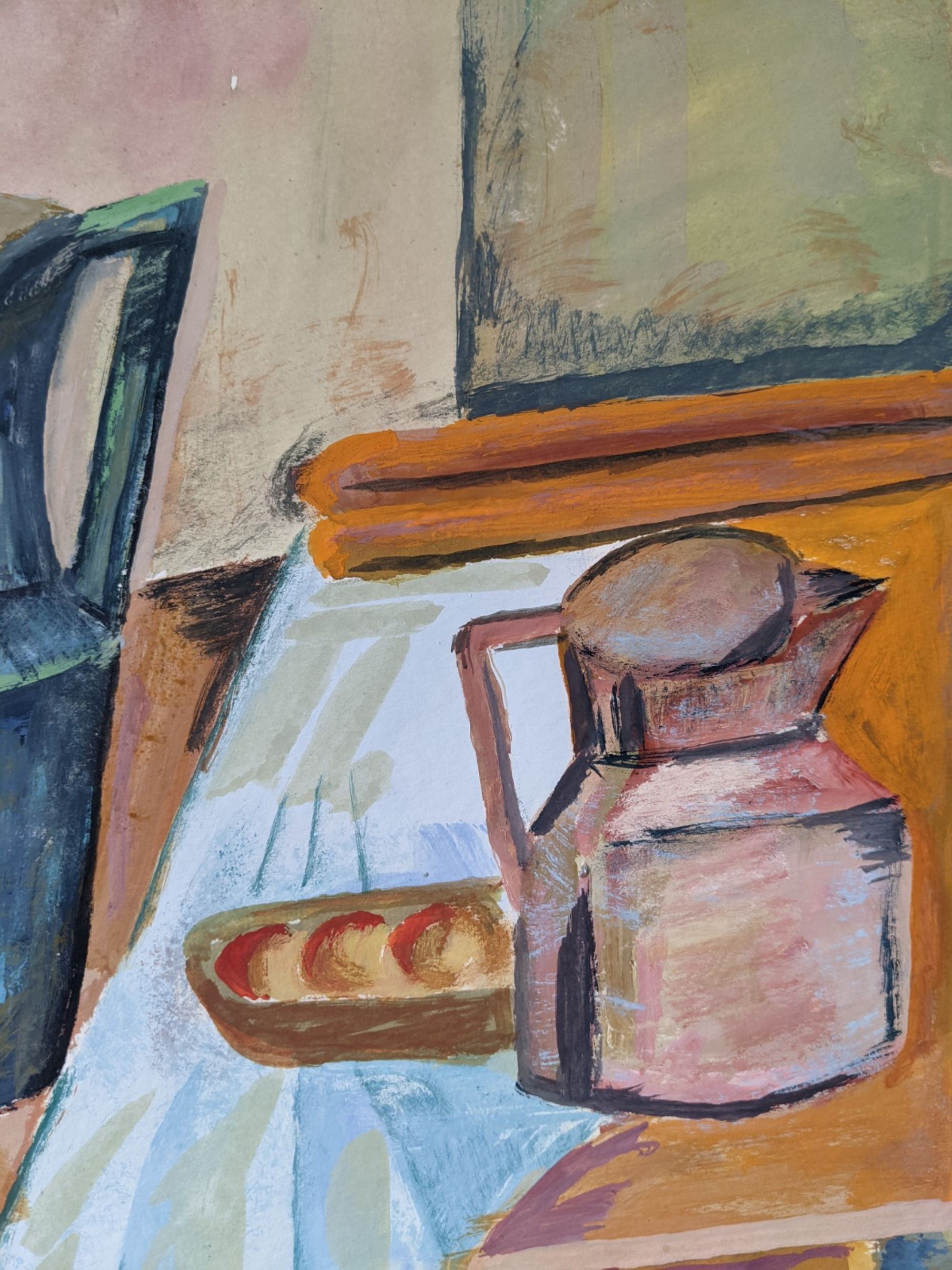 Mid-century modern swedish interior still life 'tabletop setting', vintage framed watercolour
