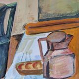 Mid-century modern swedish interior still life 'tabletop setting', vintage framed watercolour
