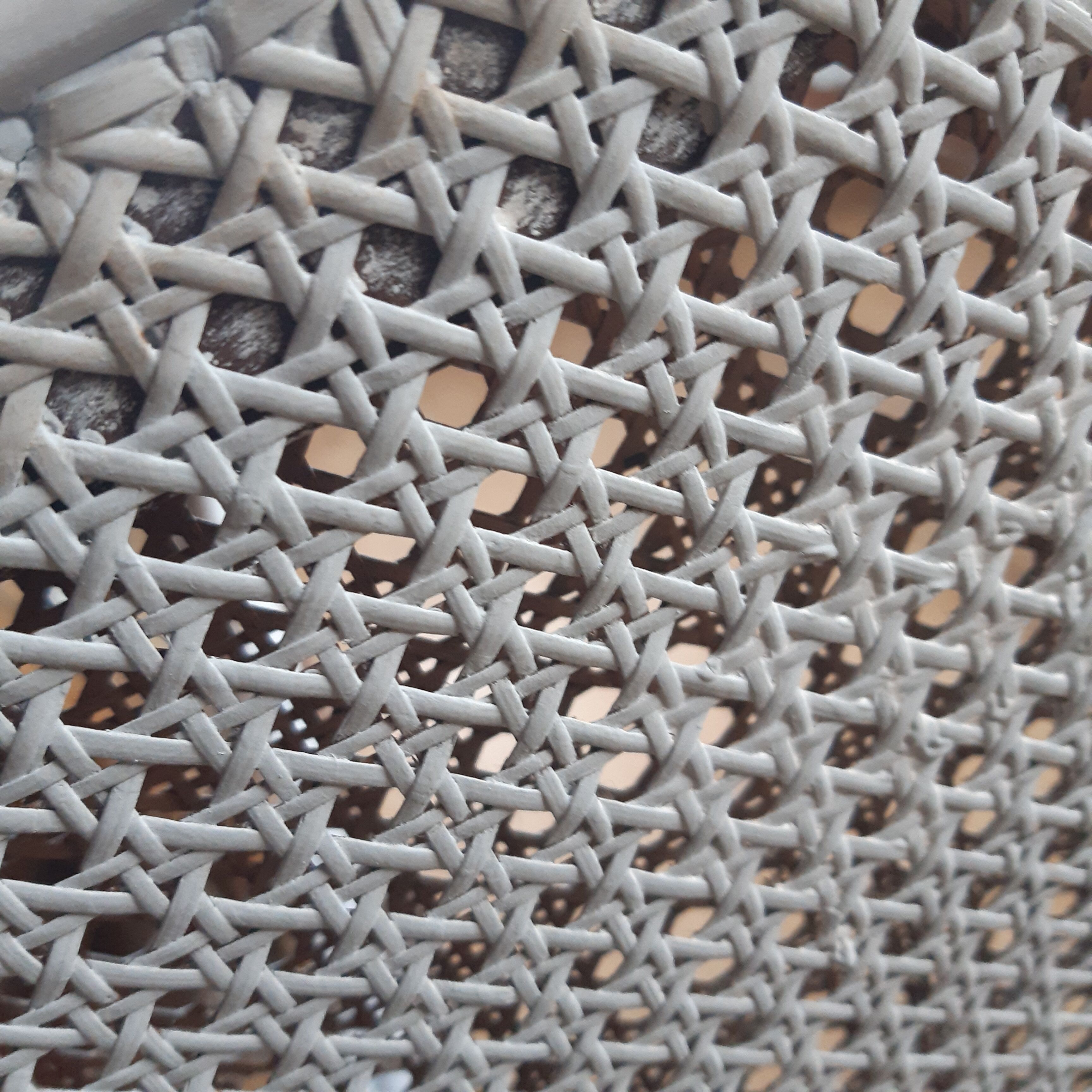 Artisanal double cannage bed, bench, pearl gray patina.