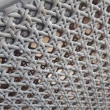 Artisanal double cannage bed, bench, pearl gray patina.