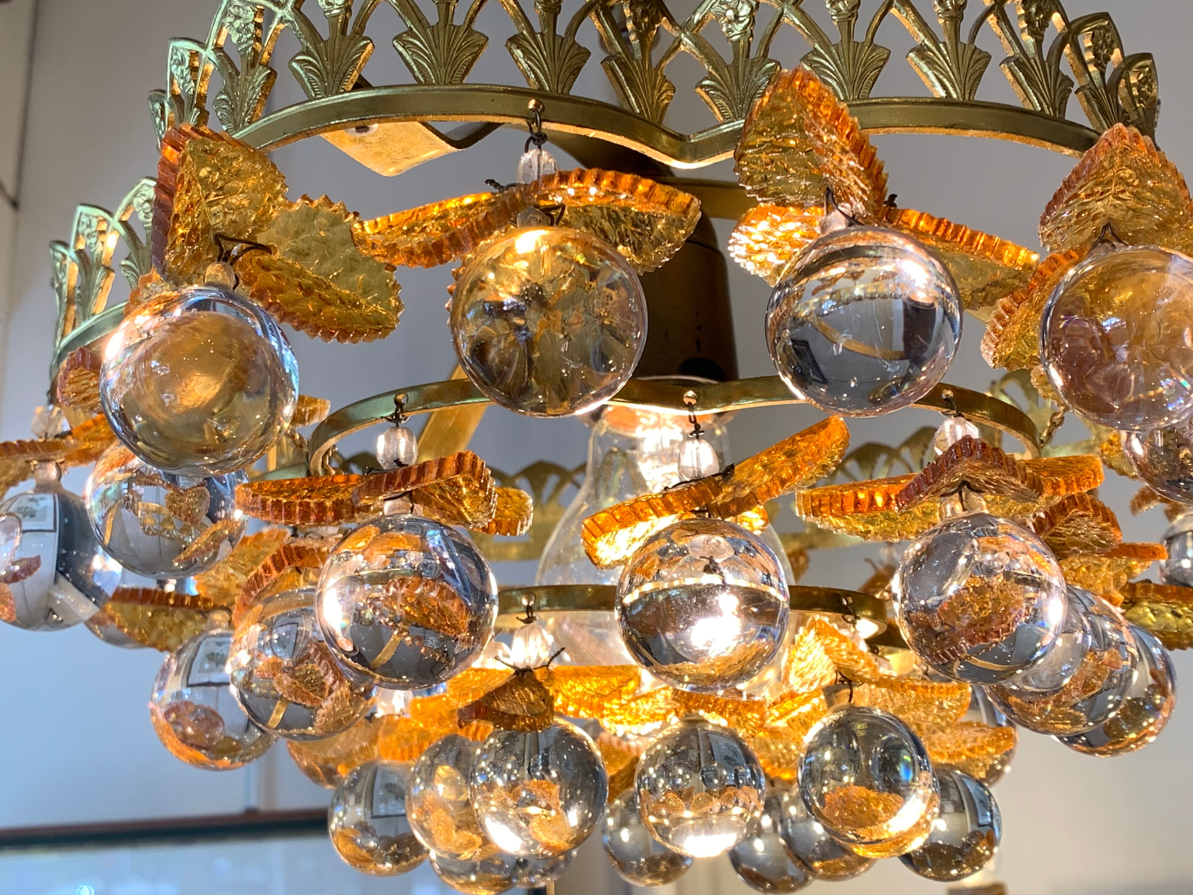 Murano ceiling light yellow flowers and glass balls 1970