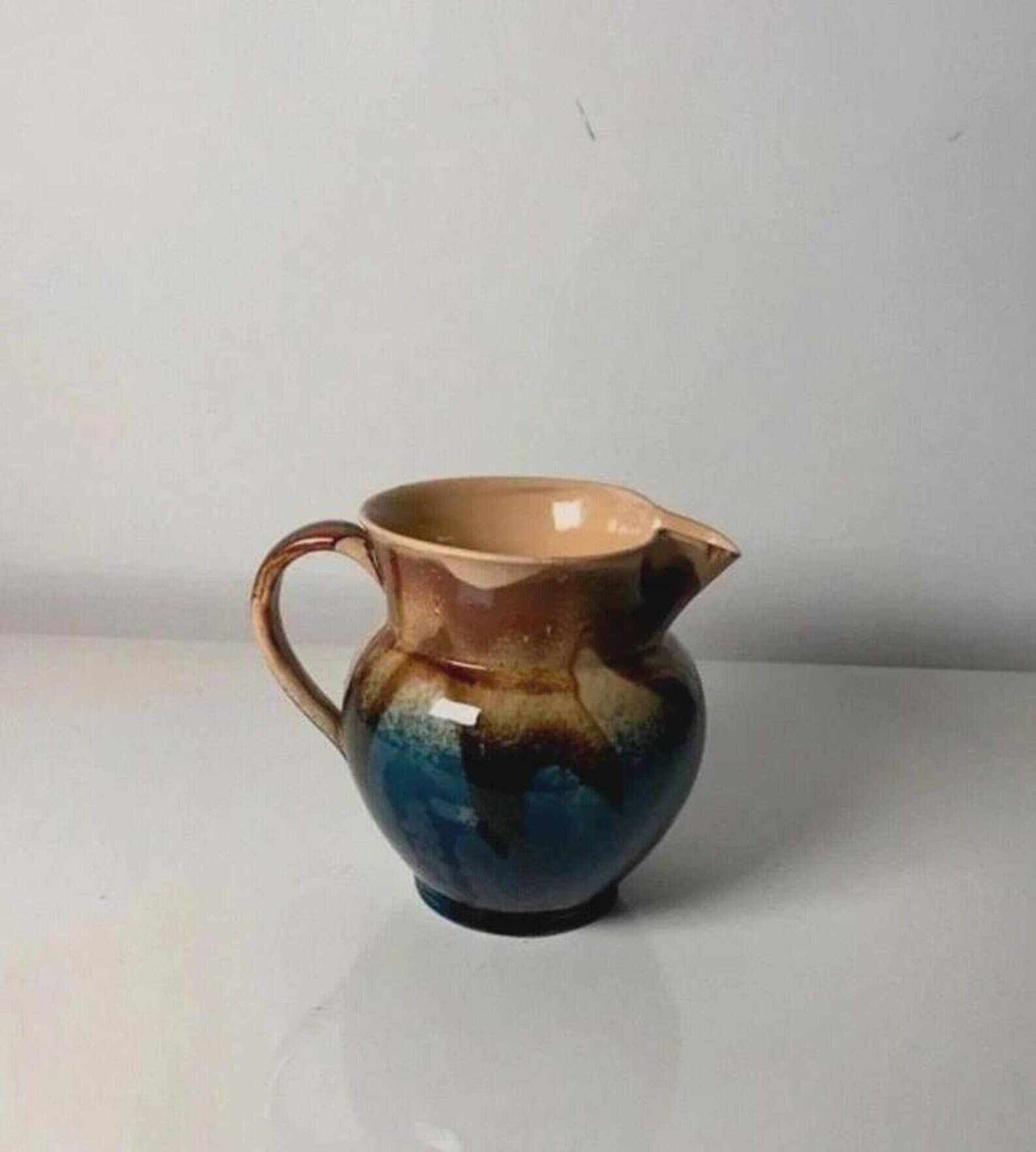 Vintage 1970s glazed ceramic pitcher - Handmade French water jug - Decorative vase in wabi-sabi style for the kitchen