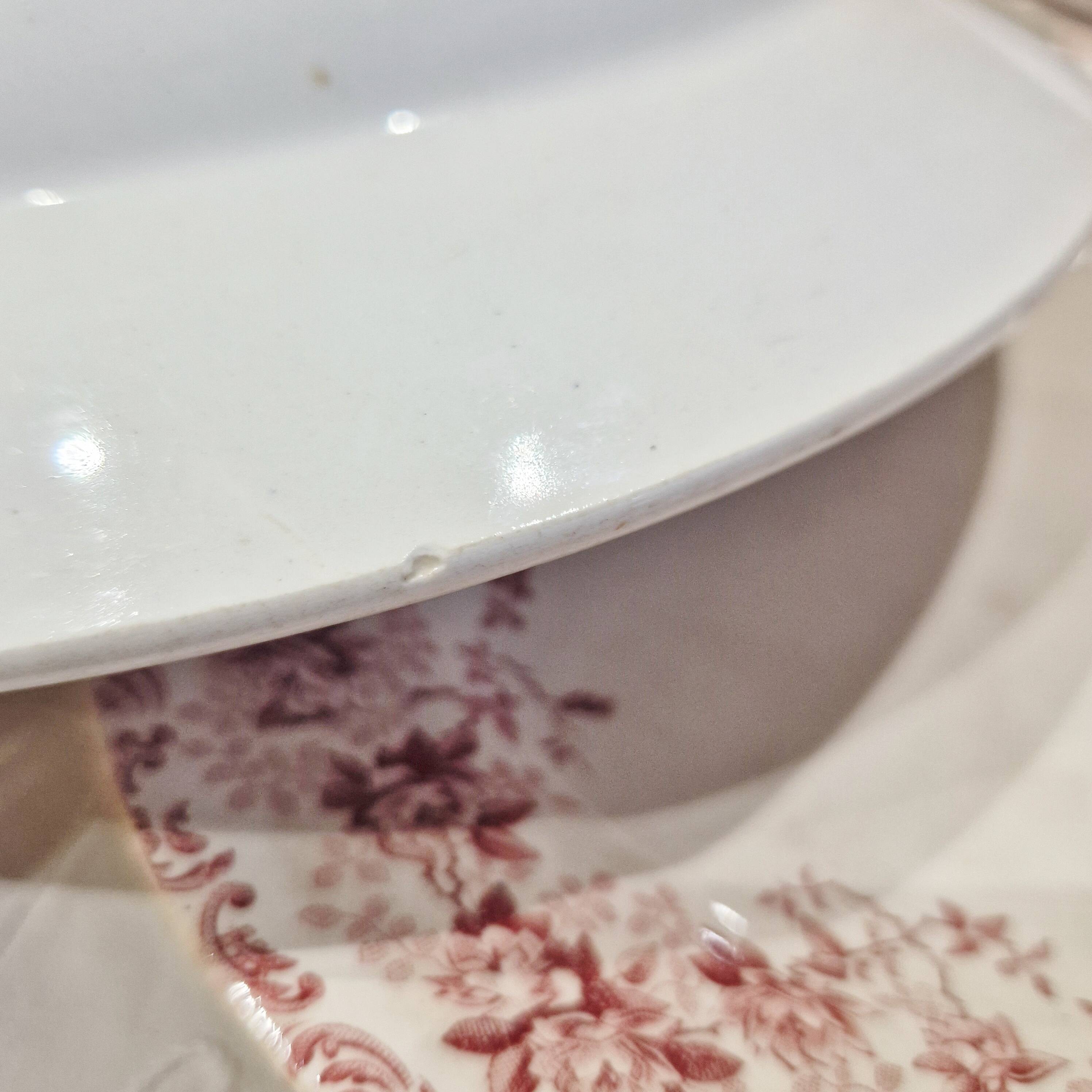 Large deep iron earth plate or small old round hollow dish Moulin des loups Dentelle model