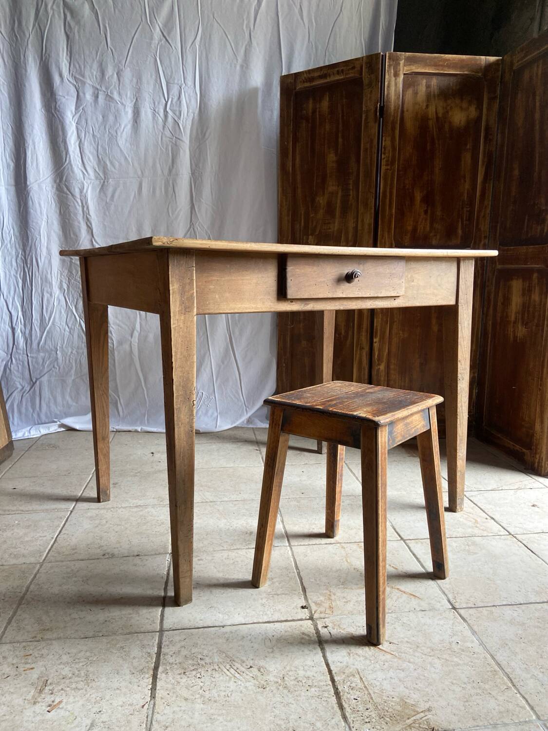 Antique walnut farmhouse table for four people
